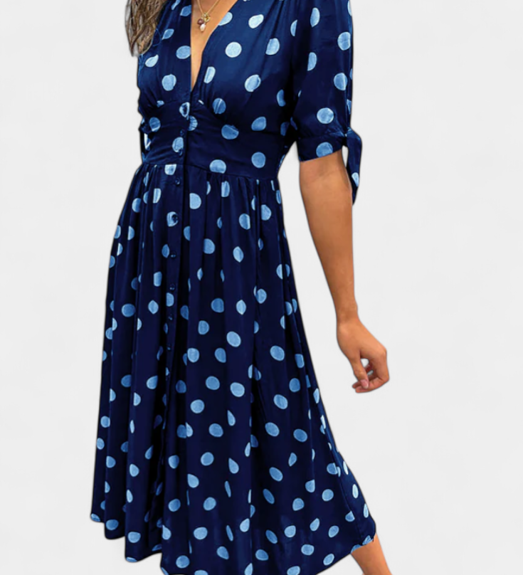 Vestido Midi de Lunares con Escote en V Profundo