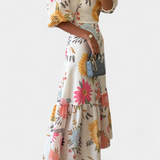 Vestido Midi de Algodón con Estampado Floral y Manga Abullonada