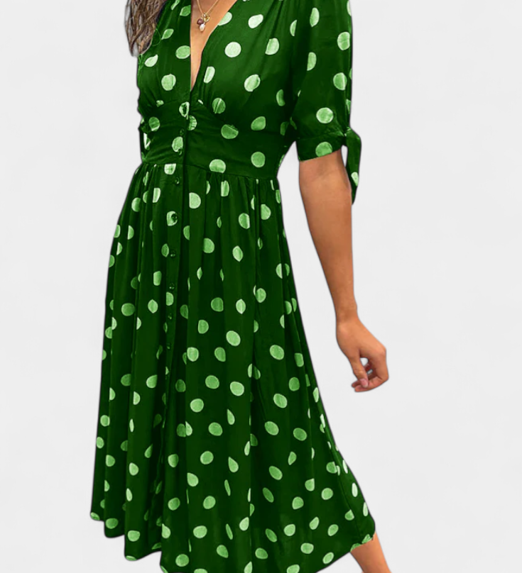 Vestido Midi de Lunares con Escote en V Profundo