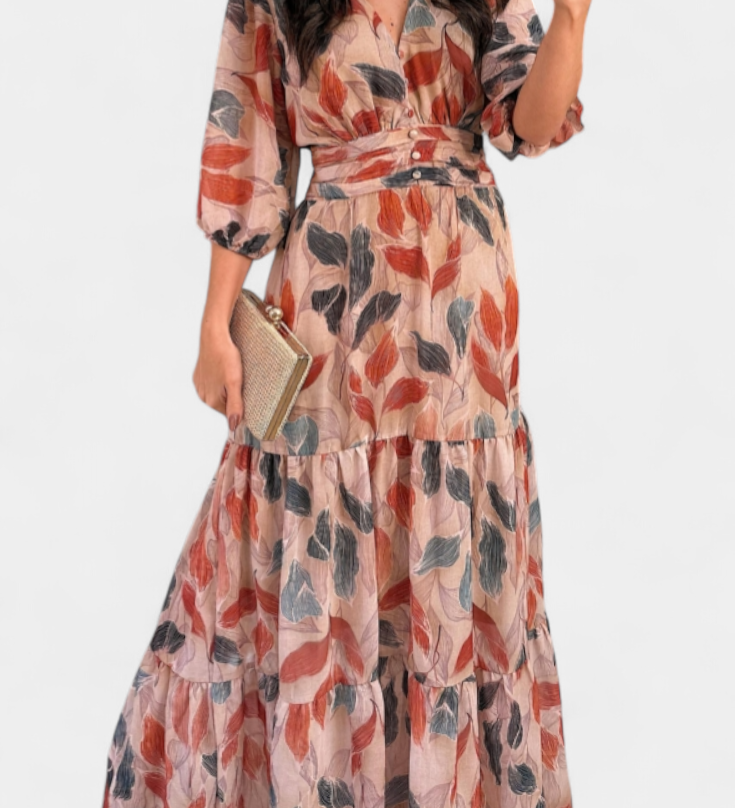 Vestido Largo Floral con Corte Fluido y Motivo de Hojas