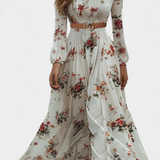 Vestido Maxi Floral con Cuello en V y Mangas Largas