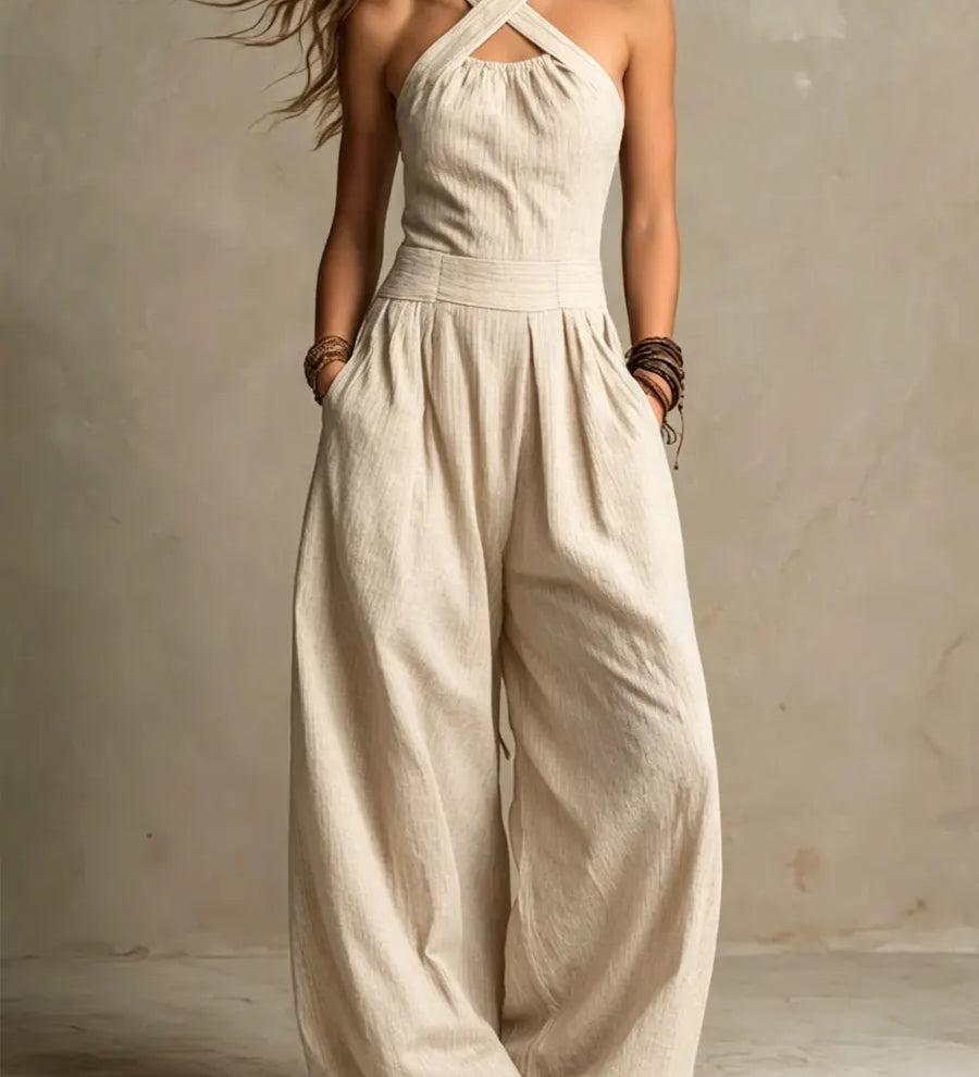 Bianca | Mono elegante de lino y algodón con escote cruzado