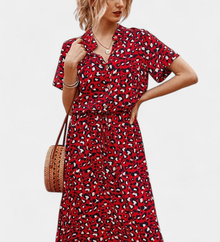 Vestido Midi de Lunares con Cuello Camisero y Cintura Ajustable