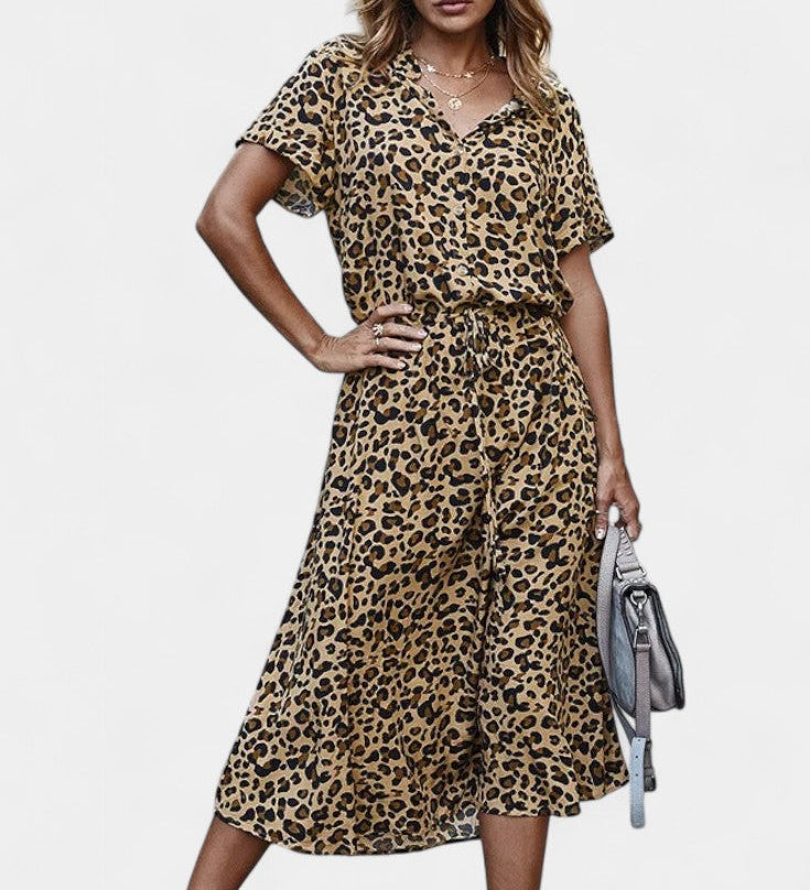 Vestido Midi de Lunares con Cuello Camisero y Cintura Ajustable